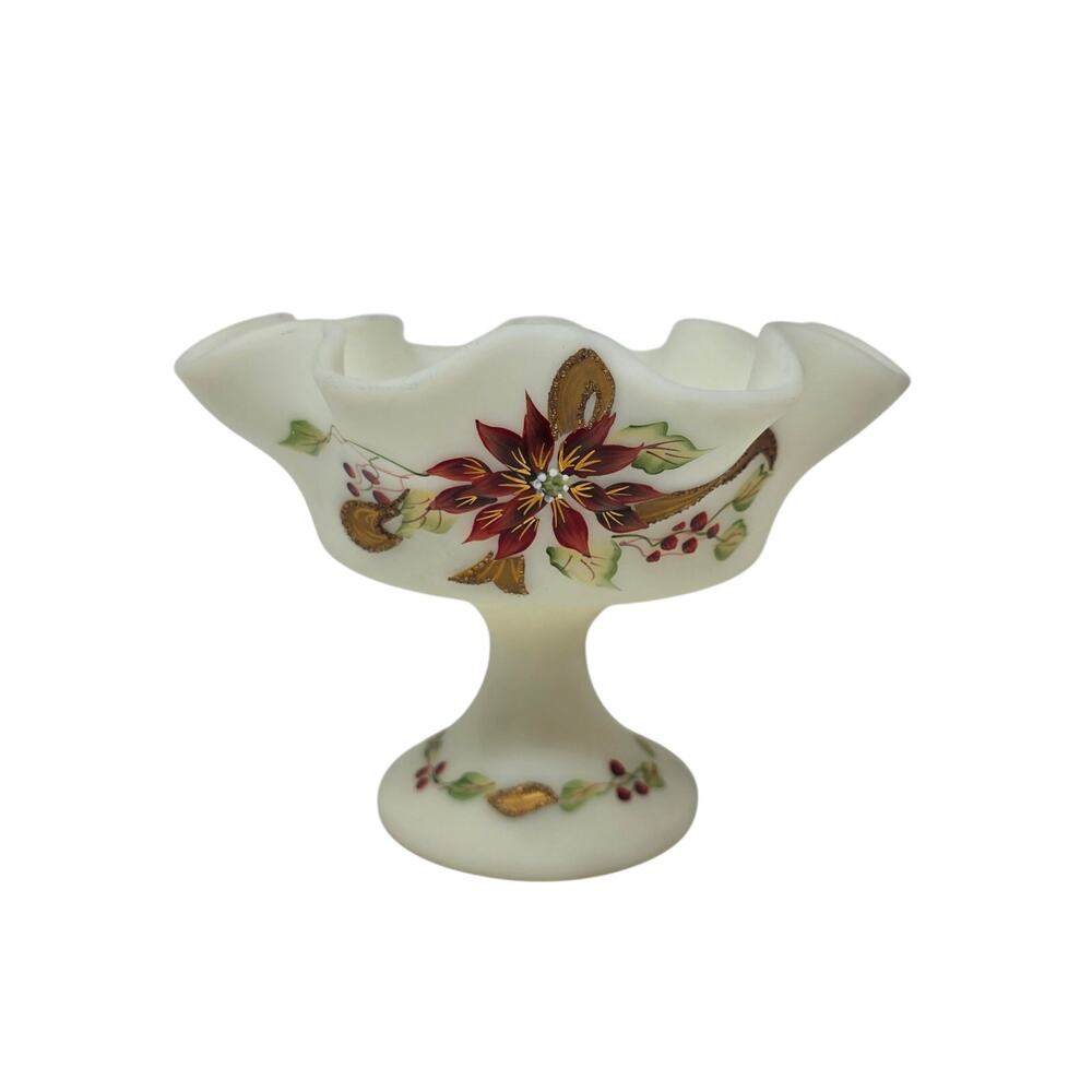 Fenton Hand Painted Poinsettia Satin Glass Compote Signed USA